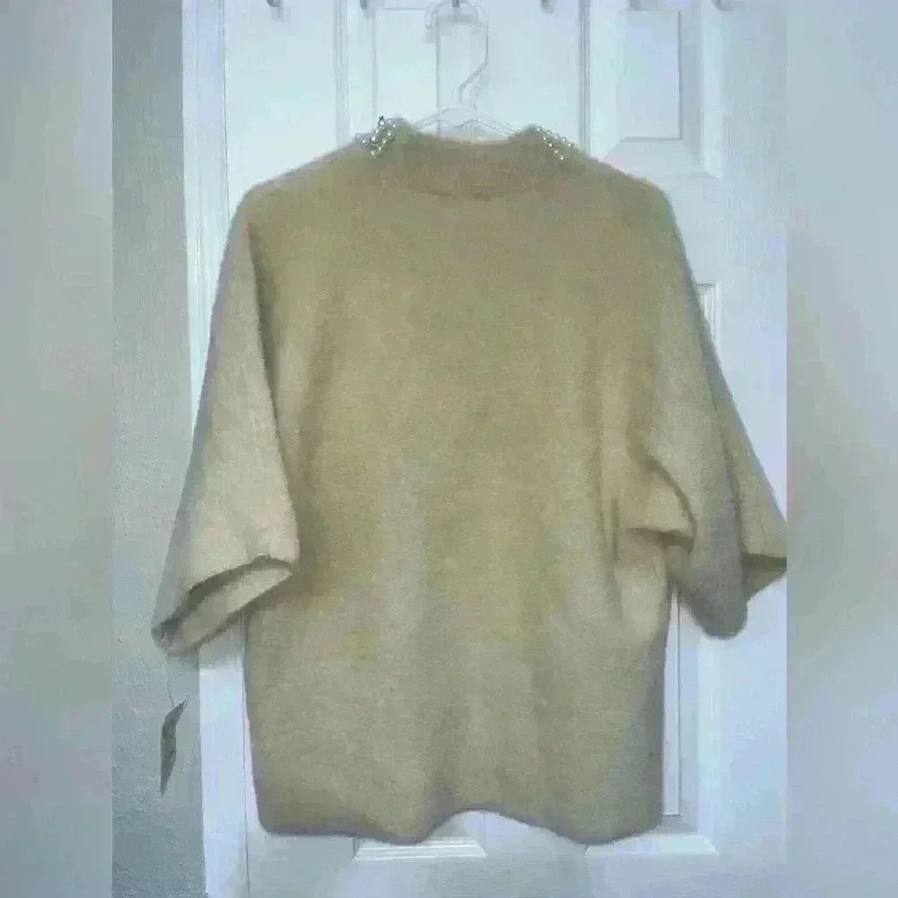 Alfani Womens Faux Fur Embellished Mock Turtleneck Sweater Tan M/cocoa butter - Picture 8 of 8